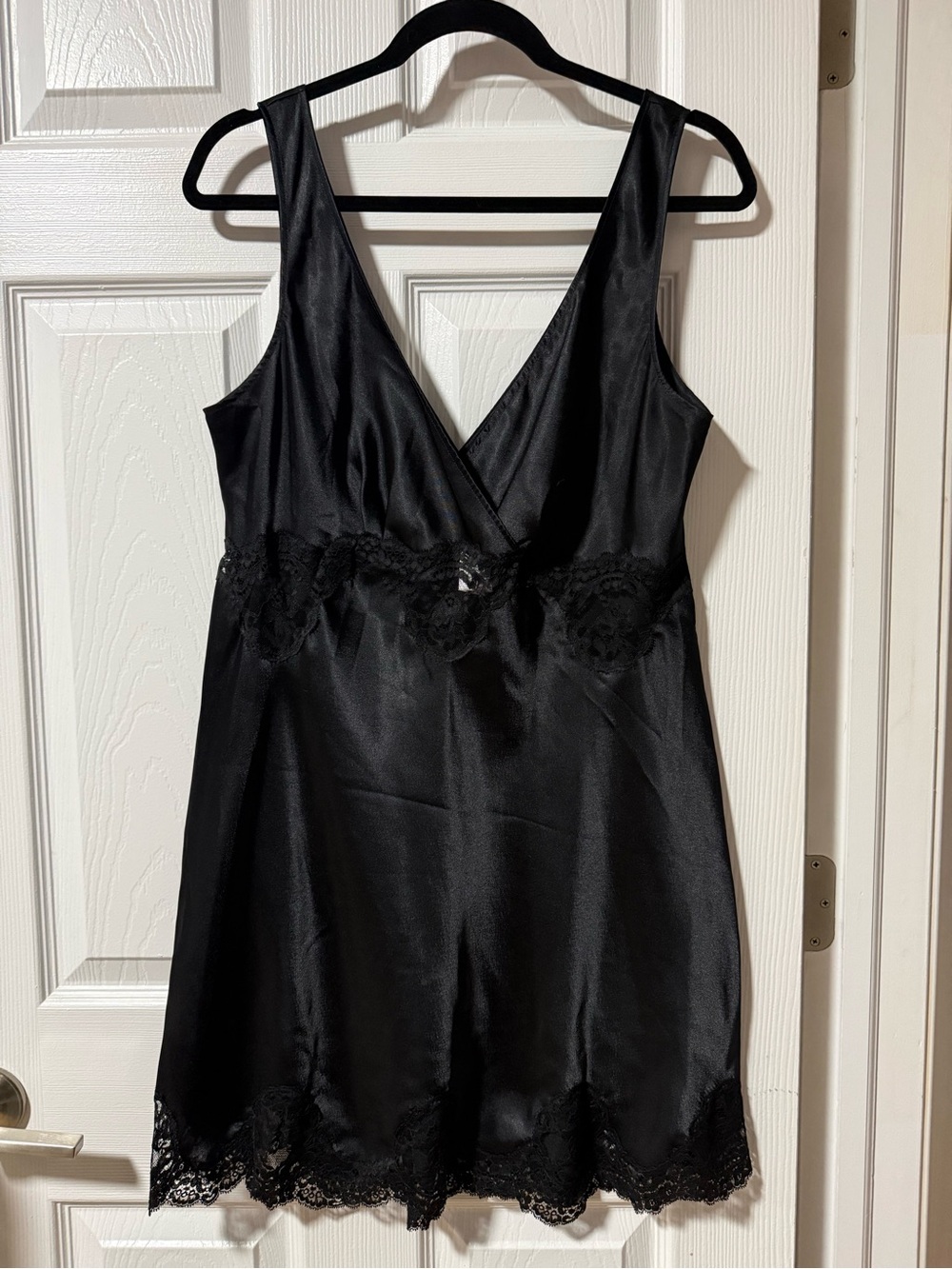 Women's Black Satin Lace-Trim Chemise Slip